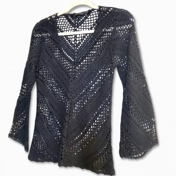 Crochet V Neck Black Long Sleeve Top with Bead Trim by The Limited Size S - Picture 2 of 7